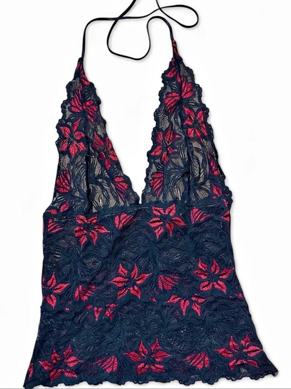 Frederick’s of Hollywood Black & Red Floral Lace Halter Lingerie Top